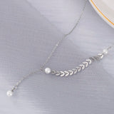 Stainless Steel Leaf Y Choker Necklace with Pearl Bead Pendant