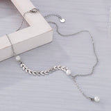 Stainless Steel Leaf Y Choker Necklace with Pearl Bead Pendant