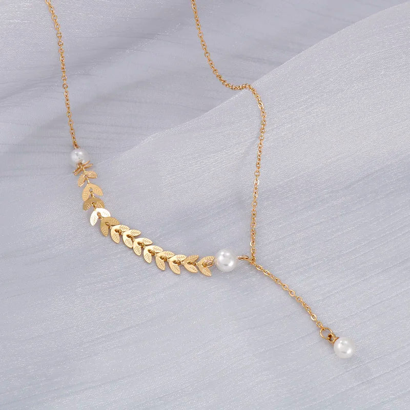 Stainless Steel Leaf Y Choker Necklace with Pearl Bead Pendant