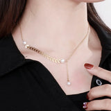 Stainless Steel Leaf Y Choker Necklace with Pearl Bead Pendant