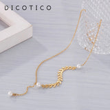 Stainless Steel Leaf Y Choker Necklace with Pearl Bead Pendant
