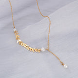 Stainless Steel Leaf Y Choker Necklace with Pearl Bead Pendant