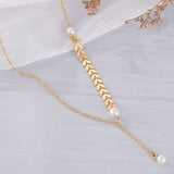 Stainless Steel Leaf Y Choker Necklace with Pearl Bead Pendant