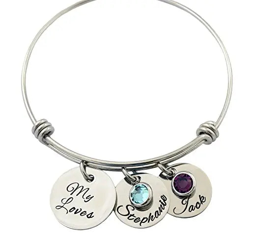 Personalized Stainless Steel Letter Bangles with Birthstone for Mom & Kids