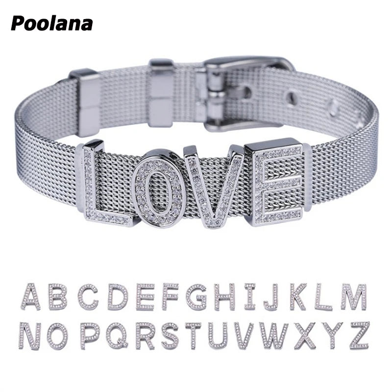 Stainless Steel Crystal Letters Bracelet Hand Cuff Band