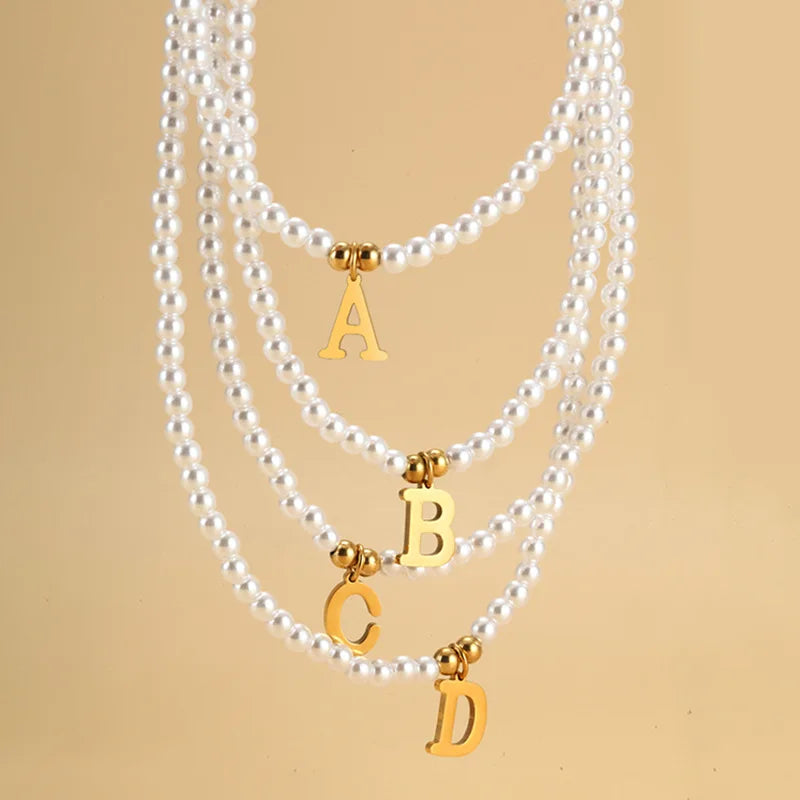 Stainless Steel Initial Pendant Necklace Pearls Bead Choker