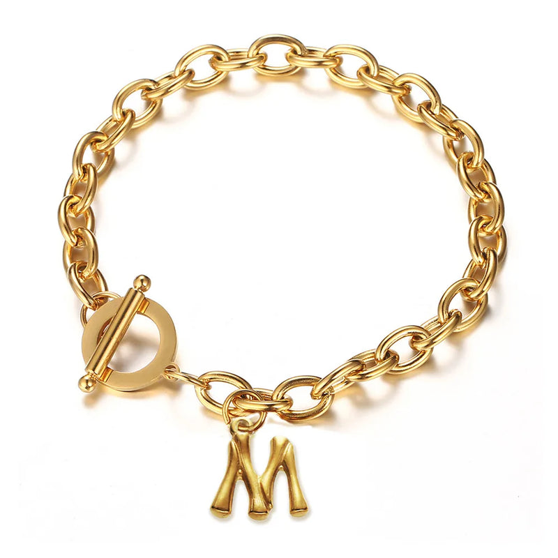 Stainless Steel Letter Initial Bracelet for Women - OT Toggle Alphabet Jewelry