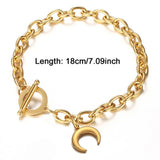 Stainless Steel Link Chain Moon Charms Toggle Bracelet For Women