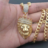 Stainless Steel Lion Chain Head Pendant Bling Crown Necklace