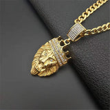 Stainless Steel Lion Chain Head Pendant Bling Crown Necklace