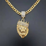 Stainless Steel Lion Chain Head Pendant Bling Crown Necklace