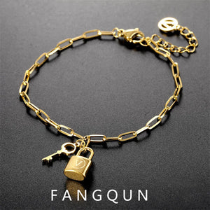 Stainless Steel V Letter Bracelet for Women with Key Charms