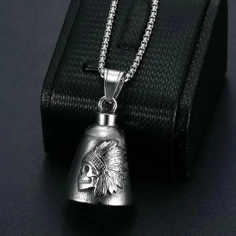 Stainless Steel Indian Chief Skull Bell Pendant Punk Locomotive Bell