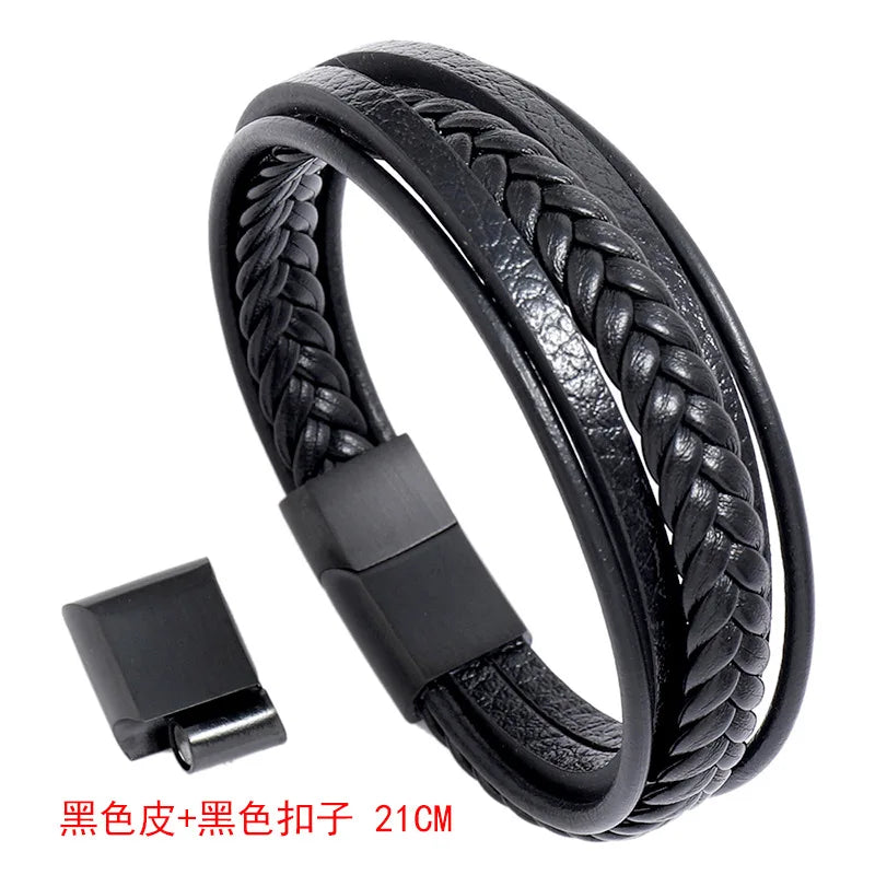 Men's Leather Bracelet with Stainless Steel Magnet Buckle