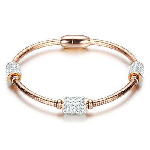 Stainless Steel Clasp Bracelet Crystal Rhinestone Charm Leather Wrap