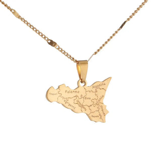 Stainless Steel Map of Sicilia Necklace Pendant Italian Women Jewelry