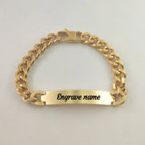 Men's 18K Plated Cuban Link Chain Bracelet Customize ID Logo Bar Engrave Name