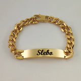 Men's 18K Plated Cuban Link Chain Bracelet Customize ID Logo Bar Engrave Name