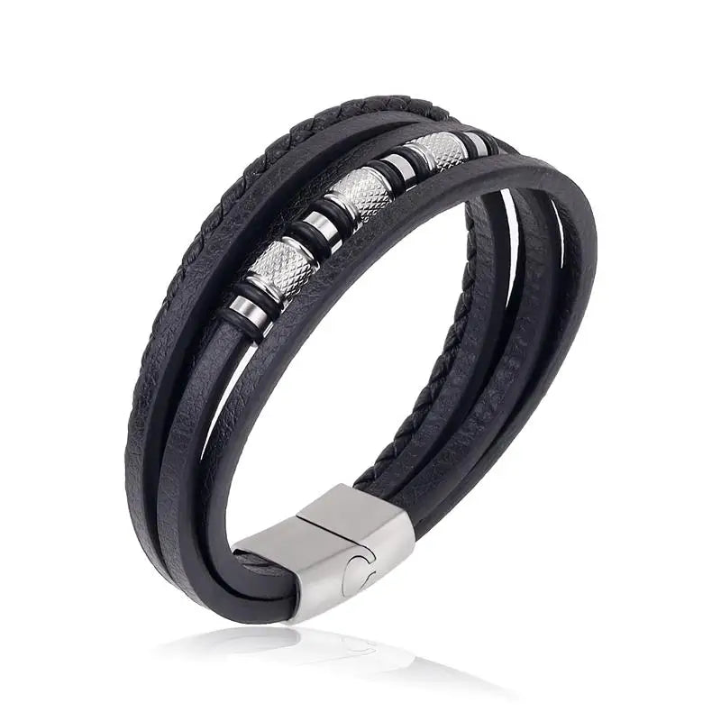 Stainless Steel Leather Rope Bracelet Multilayer Charm Bracelet