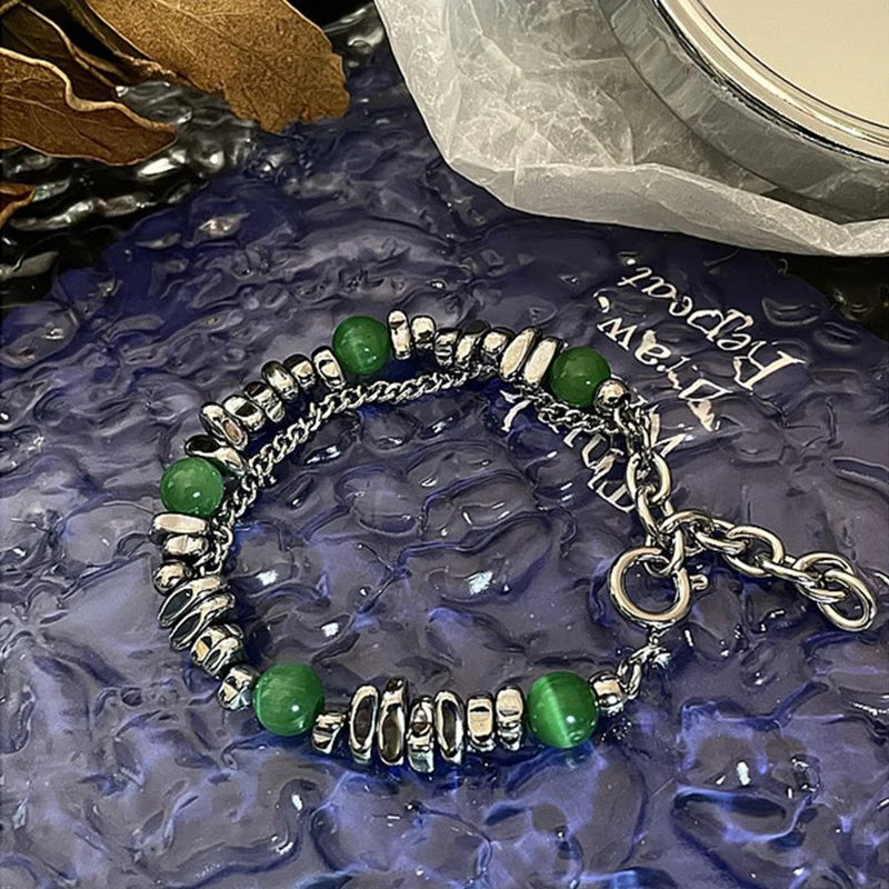 Men's Green Opal Cat Eye Stone Bracelet Double Chain Stainless Steel