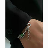 Men's Green Opal Cat Eye Stone Bracelet Double Chain Stainless Steel