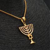 Stainless Steel Menorah Pendant Necklace with Zircon Setting