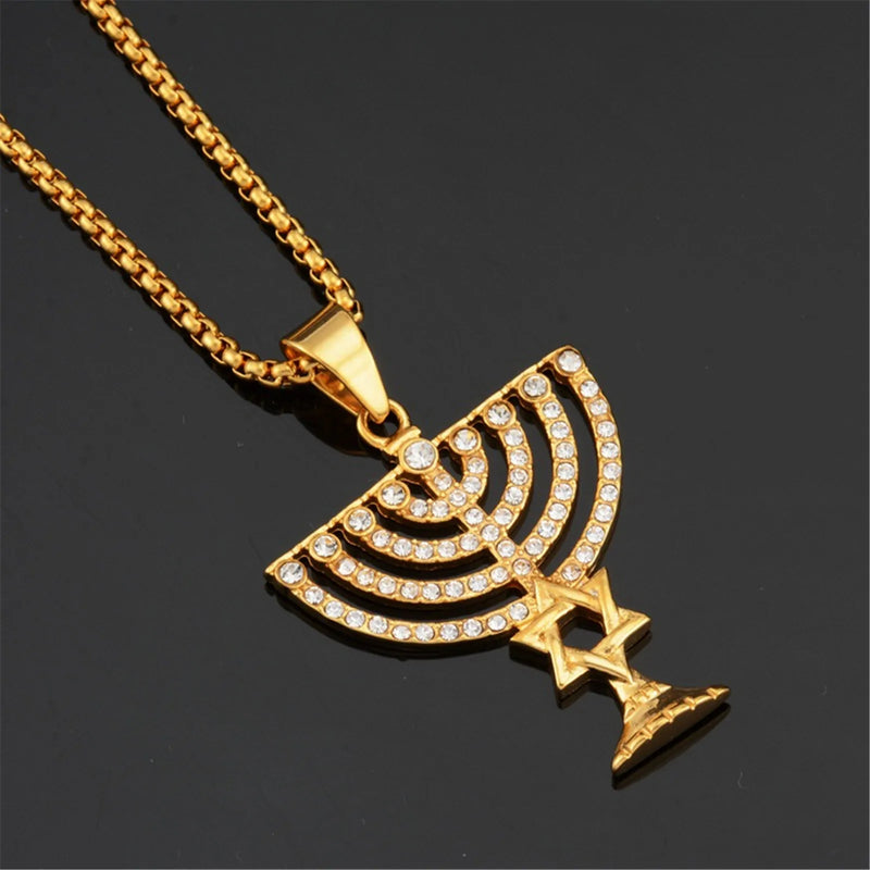 Stainless Steel Menorah Pendant Necklace with Zircon Setting