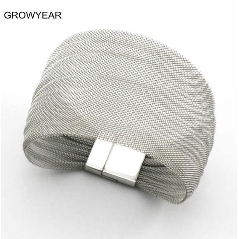 Wide Metal Silver Mesh Bracelet Women Casual Bangle Bracelet