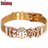 Stainless Steel Mesh Ladybug Palm Tree Charm Bracelet Watch