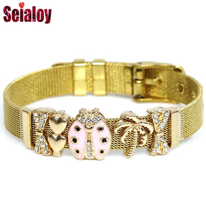 Stainless Steel Mesh Ladybug Palm Tree Charm Bracelet Watch