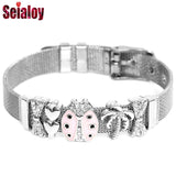 Stainless Steel Mesh Ladybug Palm Tree Charm Bracelet Watch