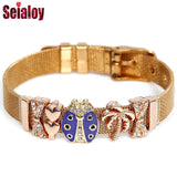 Stainless Steel Mesh Ladybug Palm Tree Charm Bracelet Watch