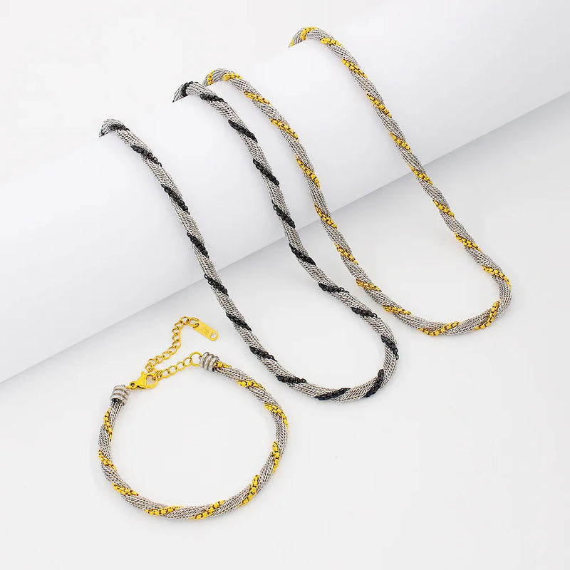 Stainless Steel Mesh Necklace Twist Chain Women Charm Choker Bracelet Set