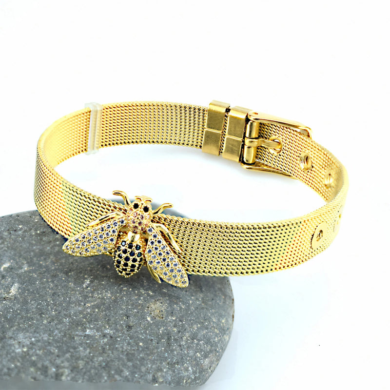 Stainless Steel Mesh Strap Bee Zircon Bracelet