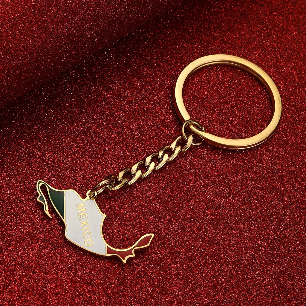 Mexico Map Flag Keychain Colored Stainless Steel Jewelry