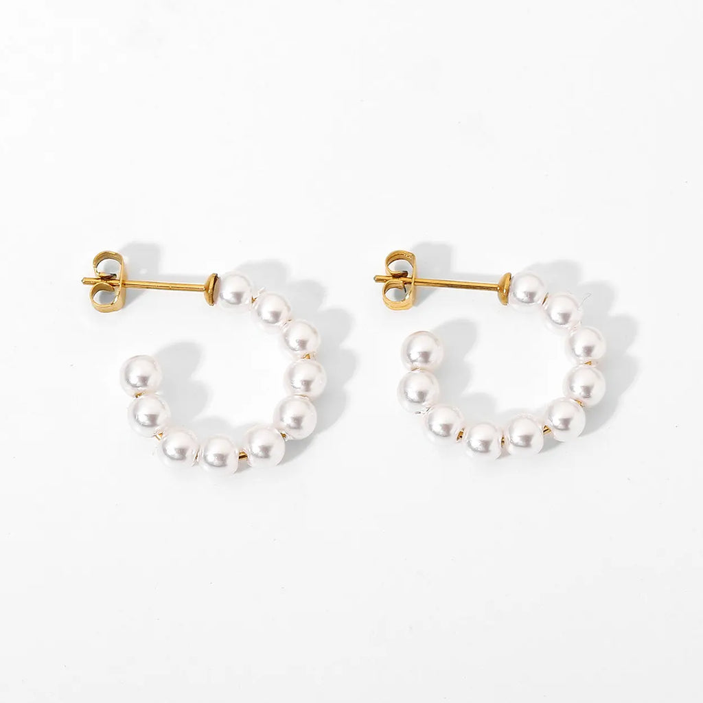 Stainless Steel Mini Pearl Circle CC Shape Hoop Earrings For Women