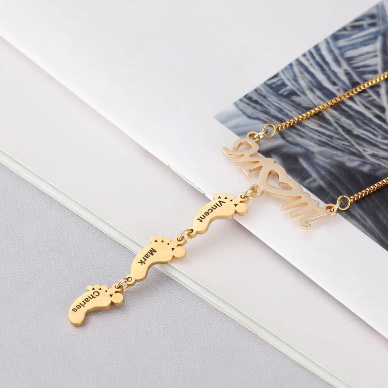 Mom Small Feet Pendant NamePlate Necklace Personalized Jewelry