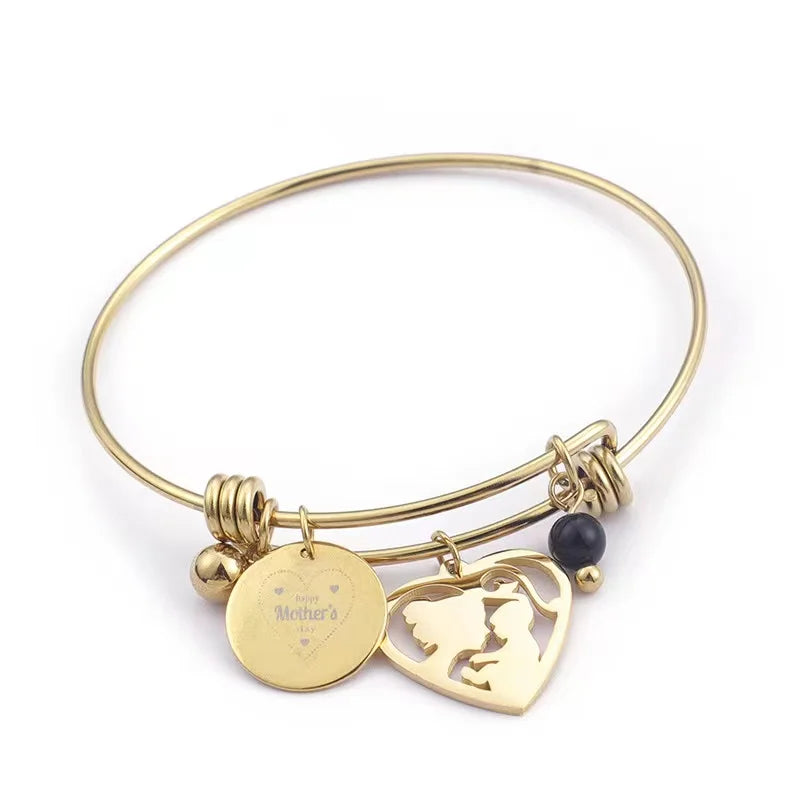 Stainless Steel Mother Baby Charm Bracelet Bangle Heart Charm Wrist Bracelet