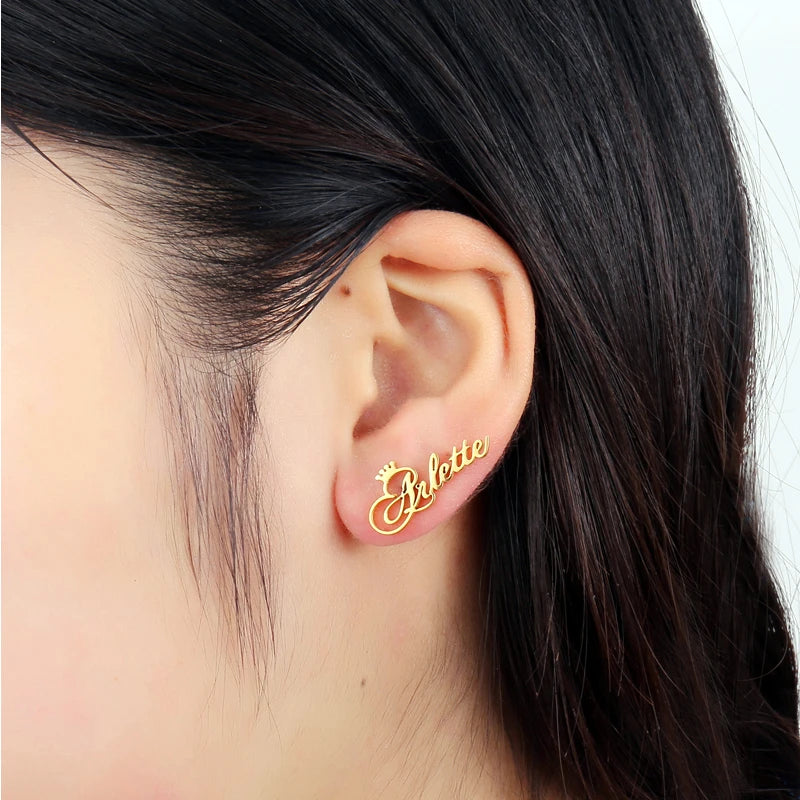 Stainless Steel Crown Name Stud Earrings