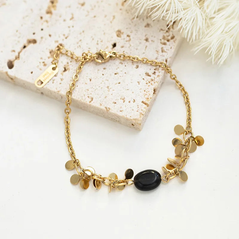 Stainless Steel Stone Bracelet Round Disc Tassel Charm Vintage Jewelry