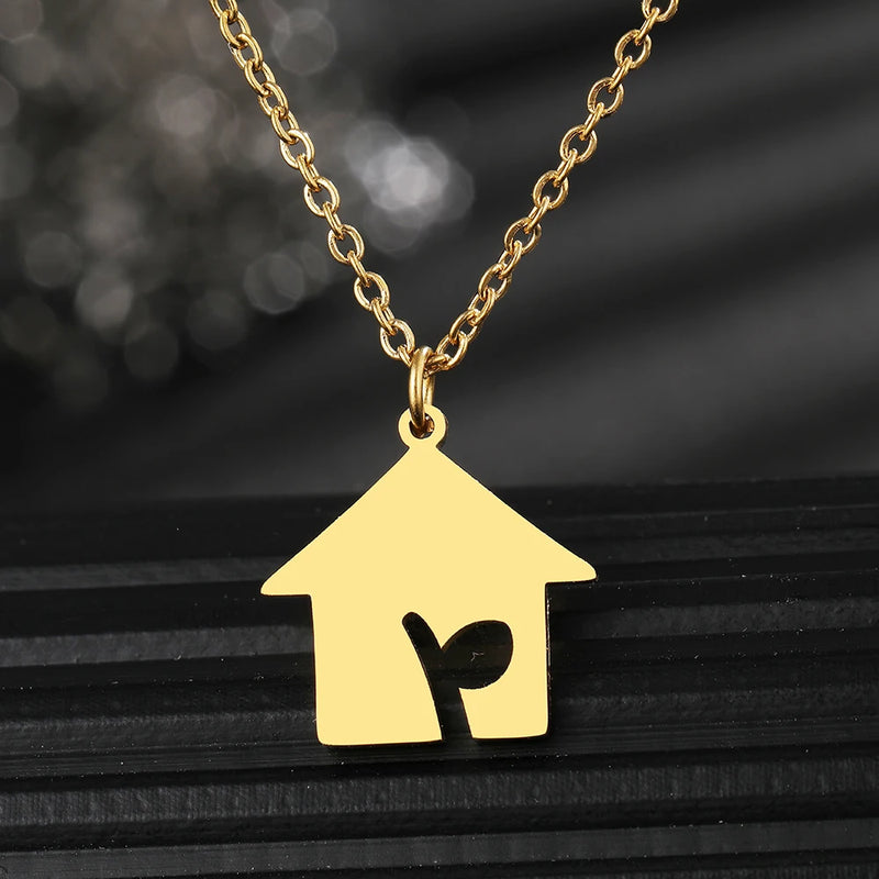 Stainless Steel Little House Pendant Choker Necklace for Women