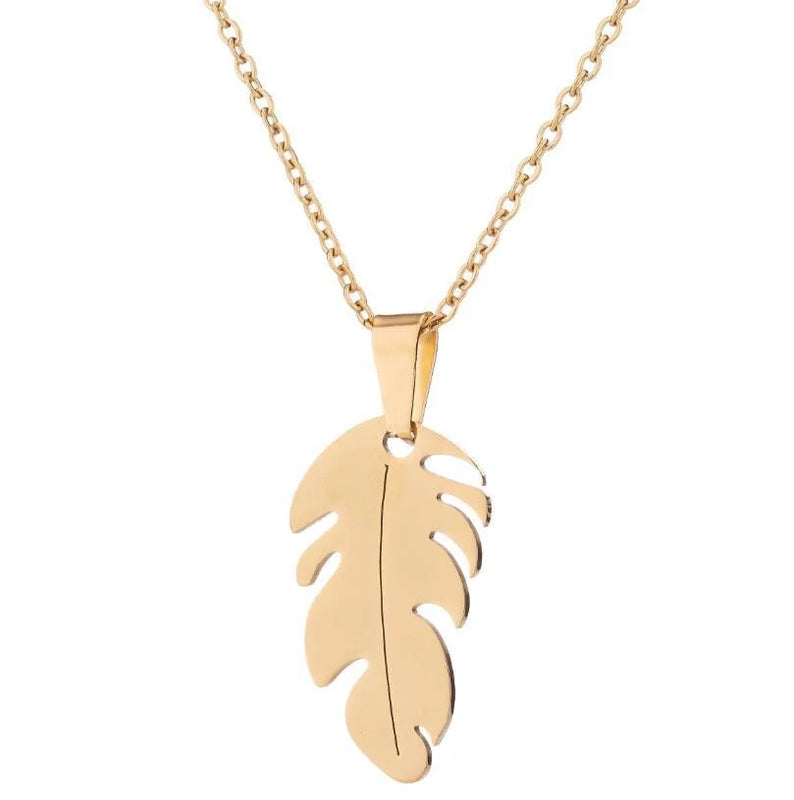 Stainless Steel Necklace Geometric Feather Pendant Leaf Shape Choker