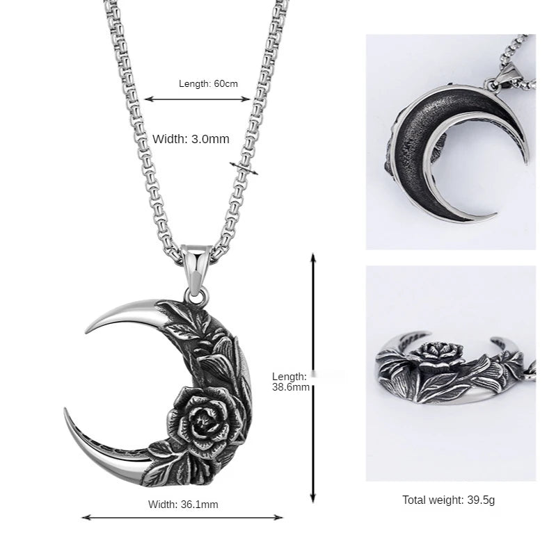 Men's Stainless Steel Moon Rose Skull Mask Pendant Necklace