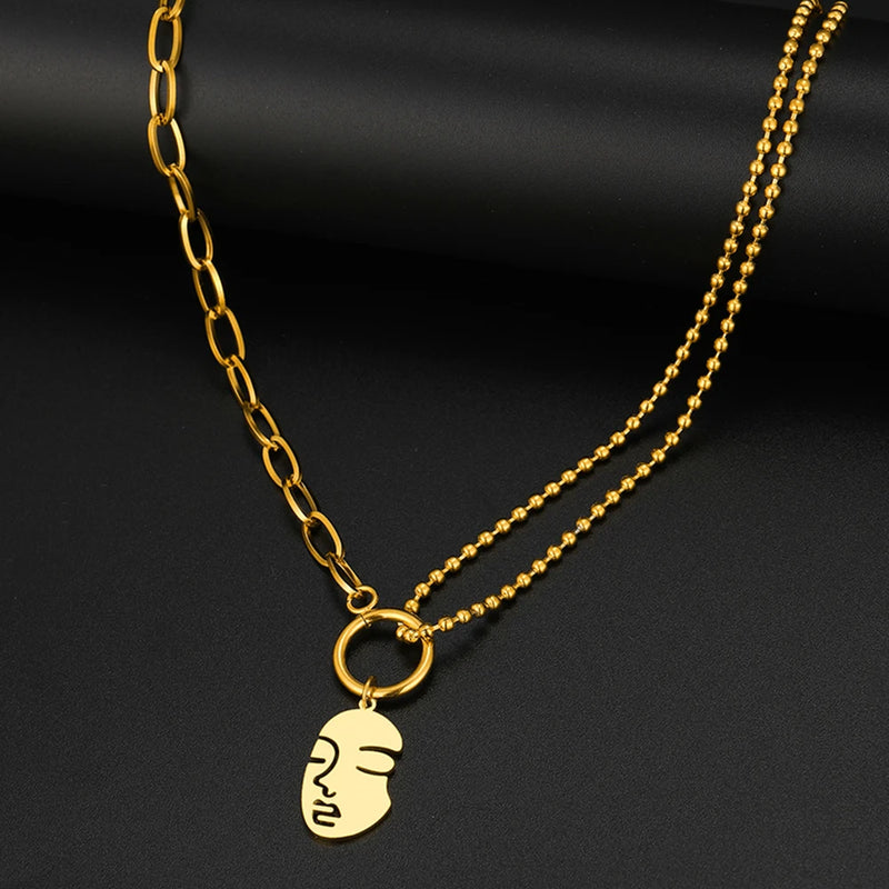 Stainless Steel Abstract Beauty Face Pendant Necklace for Women