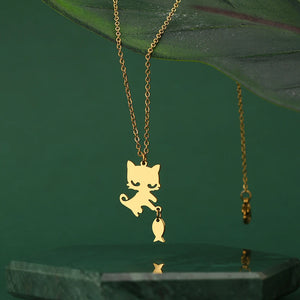 Cat Fishing Stainless Steel Necklace Chain Collar Hip Hop Jewelry