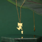Cat Fishing Stainless Steel Necklace Chain Collar Hip Hop Jewelry
