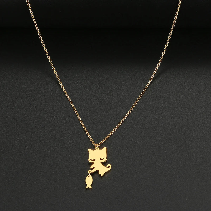 Cat Fishing Stainless Steel Necklace Chain Collar Hip Hop Jewelry