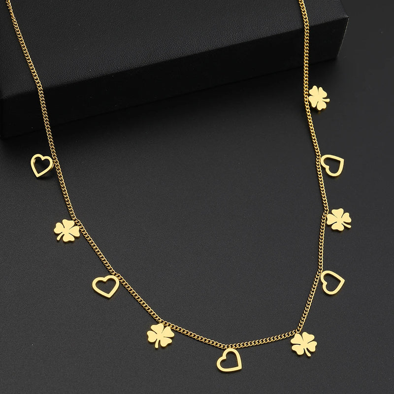 Stainless Steel Clover Heart Pendant Necklace for Women