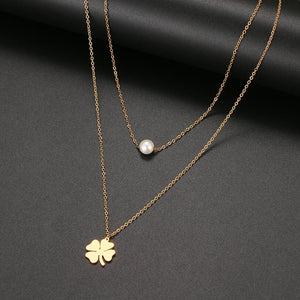 Stainless Steel Multi-layer Pearl Clover Necklace for Women