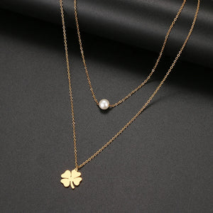 Stainless Steel Multi-layer Pearl Clover Necklace for Women